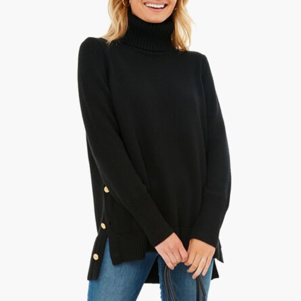 Last Chance! New Tnuck Sophia 100% Wool Gold Button Turtleneck Black Small $298 - Picture 2 of 11